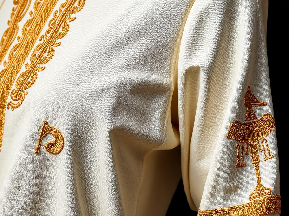 Close-up of gold hieroglyph-inspired embroidery on cream fabric